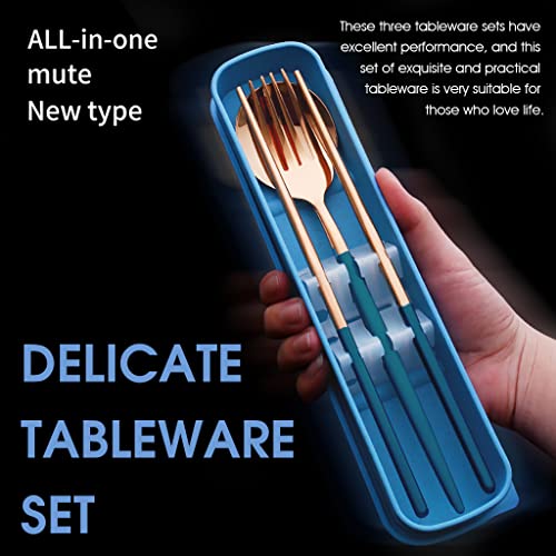HASTHIP 3 Pcs Premium Gold Stainless Steel Fork Spoon Chopsticks, Portable Utensils with Box, Travel Camping Cutlery Set, Stainless Steel Flatware Set (Blue)