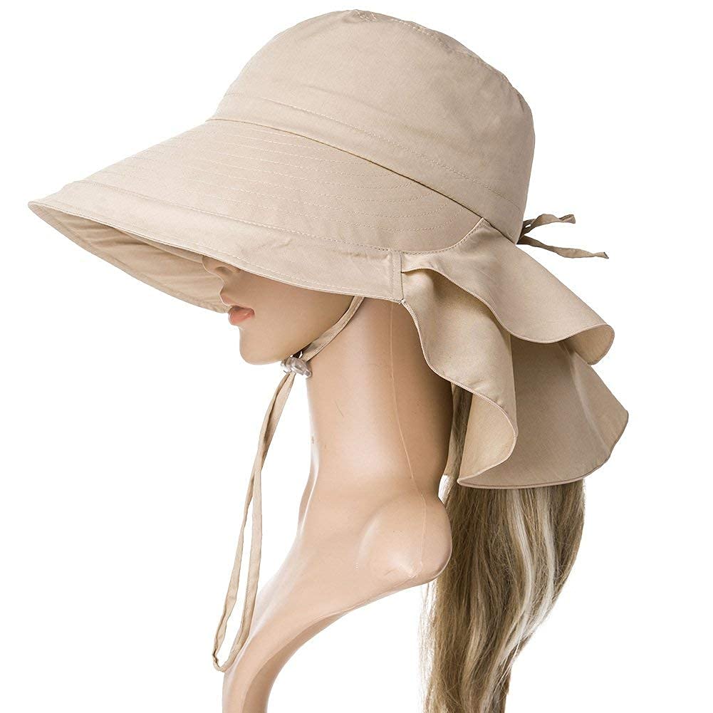 PALAY Fashion Women Wide Brim Hat-UV Protection Summer Sun Hat with Ponytail Hole Back Neck Flap Cover,Khaki