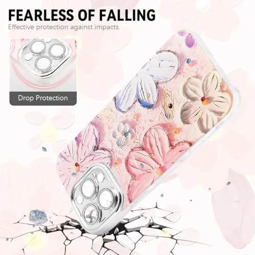 ZORBES® for iPhone 16 Pro Max Cover Case 3D Flower Oil Painting Cute Colorful for Girls Women Full Camera Protection Shockproof Glossy Back with Wrist Strap 3PCS