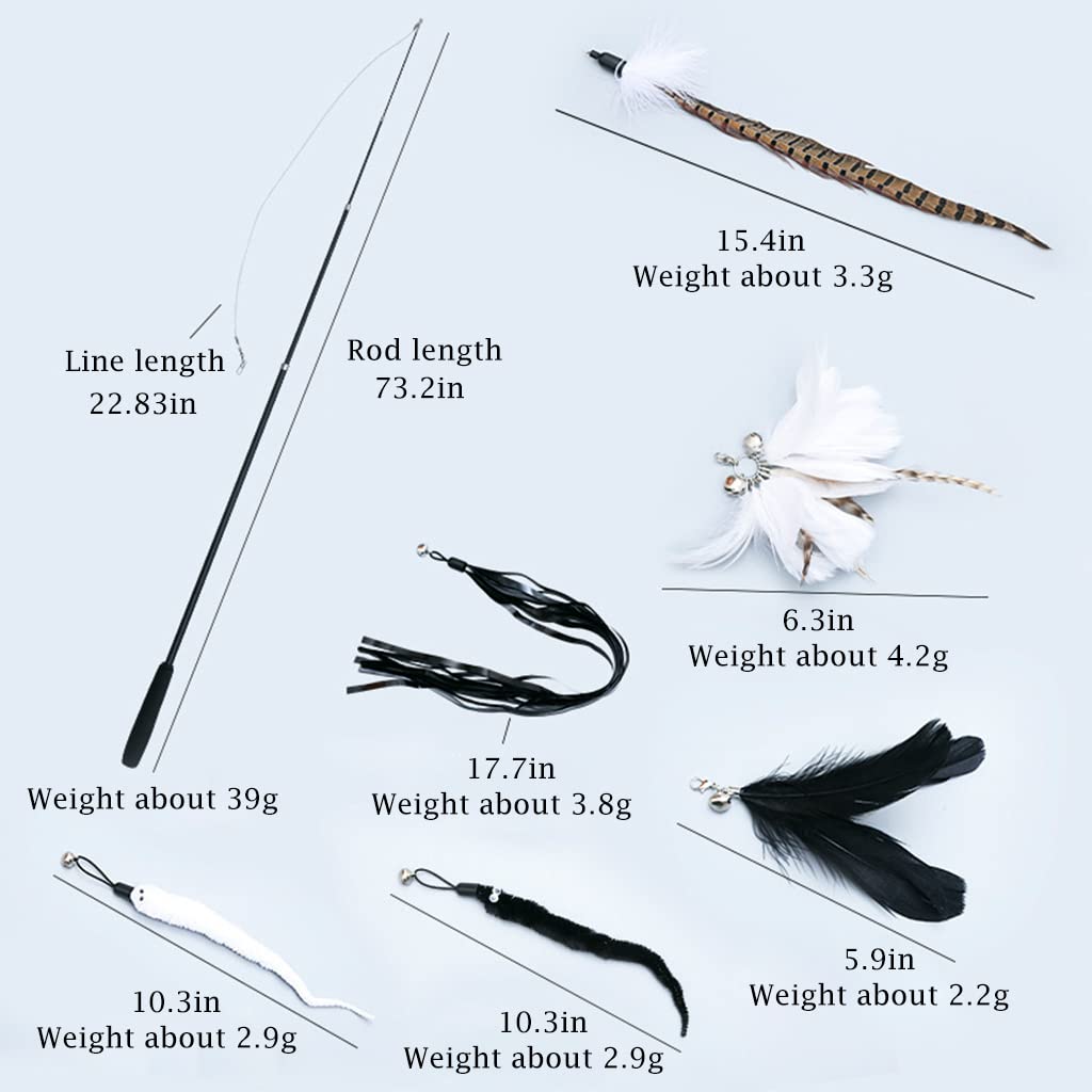 Qpets 7 Piece Cat Feather Toys Interactive Cats Teaser Wand Toy Retractable Teaser Wand Feather Worm Teaser Cat Toys