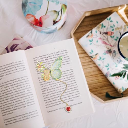 Climberty® Metal Butterfly Bookmark with Red Heart Chain Pendent, Cute Funny Metal Bookmark, Unique Gifts Book Markers for Women Book Lovers, Valentine Mother's Day Christmas New Year Birthday Gift 2