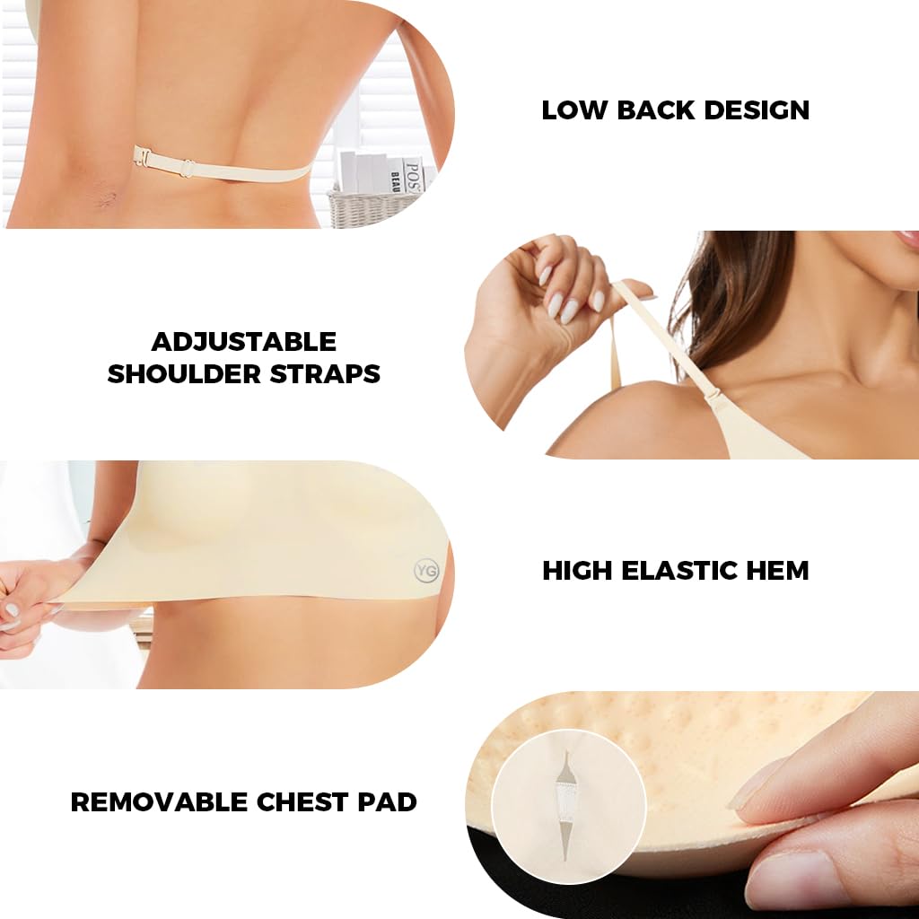 PALAY Women's Low Back Seamless Bras Backless Multiway Convertible Adjustable Strap Halter Lifting Bra Spaghetti Strap Wire-Free with Padded Removeable, Beige, L