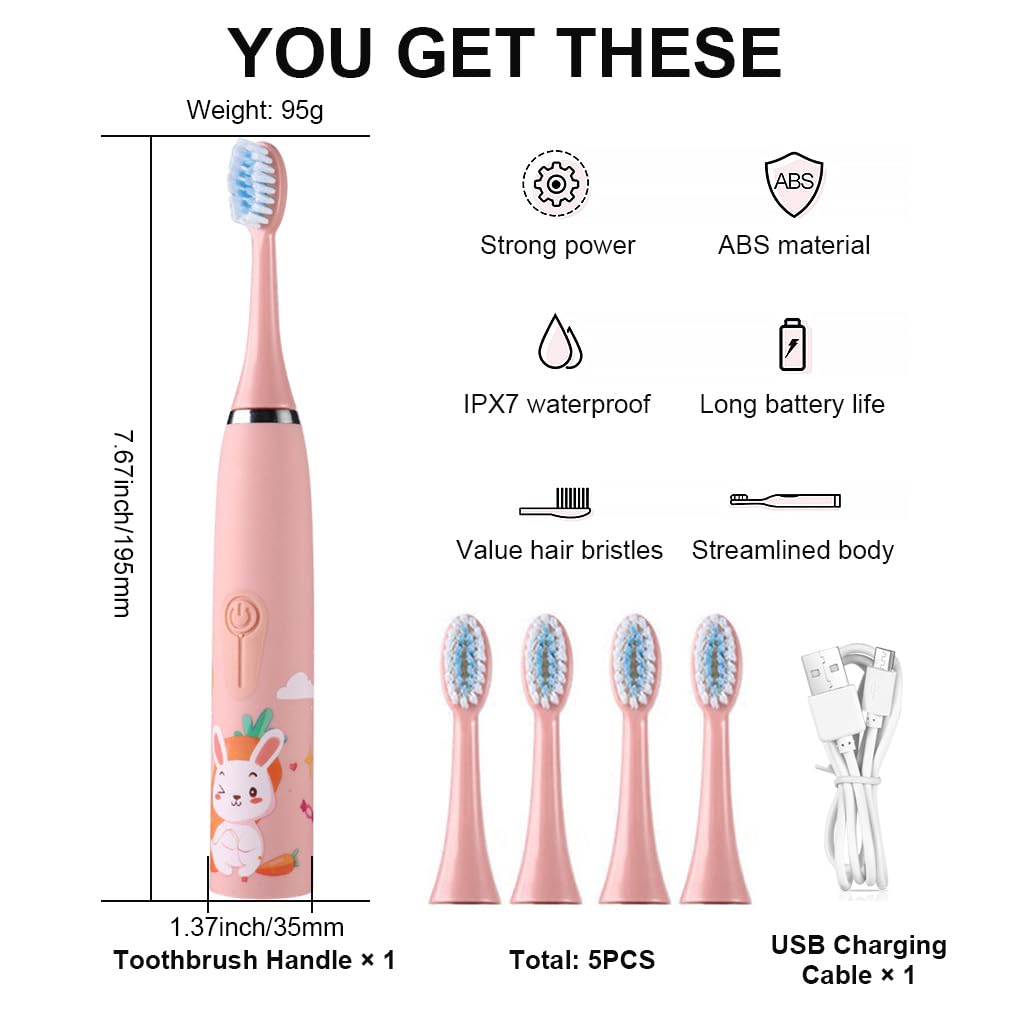 HANNEA Sonic Electric Toothbrush for Kids with 5 Modes, 5 Soft Dupont Brush Heads, Smart Timing, One Button Control, USB Electric Toothbrush for Kids Cartoon Electric Toothbrush Gift for Kids Age 3+
