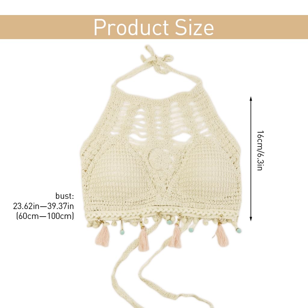 PALAY Women's Summer Beach Backless Crochet Halter Bikini Crop Top Crochet Hollow Out Tassle Embroidery Knit Boho Beachwear