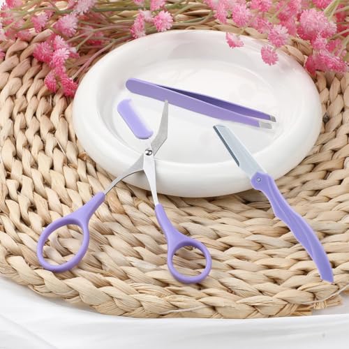 MAYCREATE 3Pcs Eye Brow Scissor Eyebrow Removal Tweezer Eyebrow Trimmer Razor Facial Hair Shaper Eyebrow Trimming Make Up Tool with PU Leather Case Shave and Hair Removal, Purple