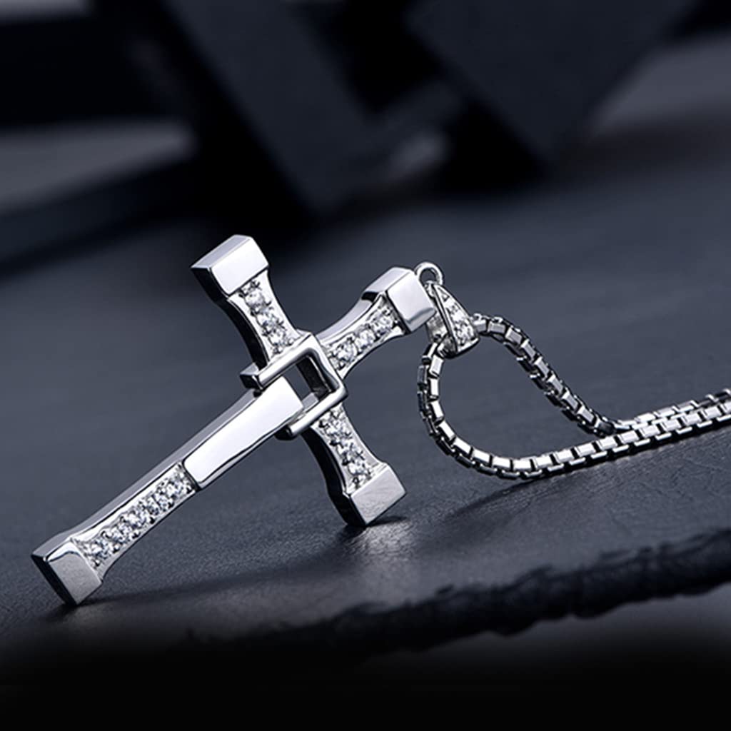 ZIBUYU Cross Necklace for Men Dominic Toretto's Cross Pendant Necklace The Fast and the Furious Titanium Steel Cross Neck Pendant Jewelry for Men and Boy's (Silver)