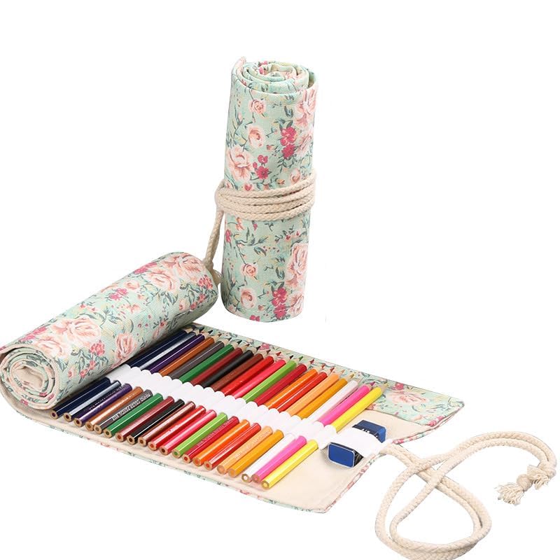 PATPAT Canvas Handmade Knitting Pencil Roll Wrap Holder Pouch Case with 48 Slots