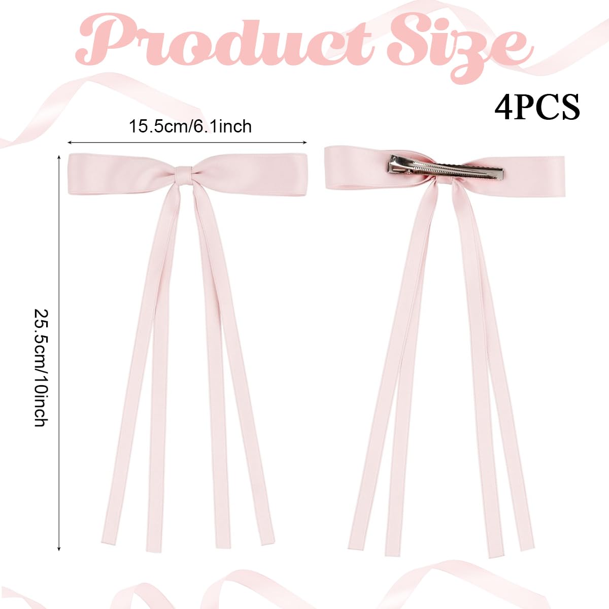 PALAY 4Pcs Bow Clips for Women Girls Bowknot Hair Clip Tassel Ribbon Hair Bows for Women Long Tail Barrettes Hair Accessories for Ponytail, Fishtail Braid, Updo