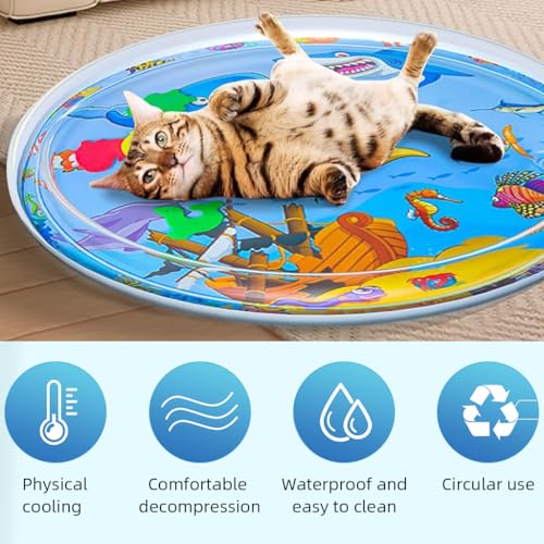 Qpets Cat Water Bed Inflatable Water Mat with Air Pump Summer Cooling Down Water Bed Anti-Scratch Thicken PVC Game Water Mat with Built in Fish Ornaments, 39.37 inches Dia