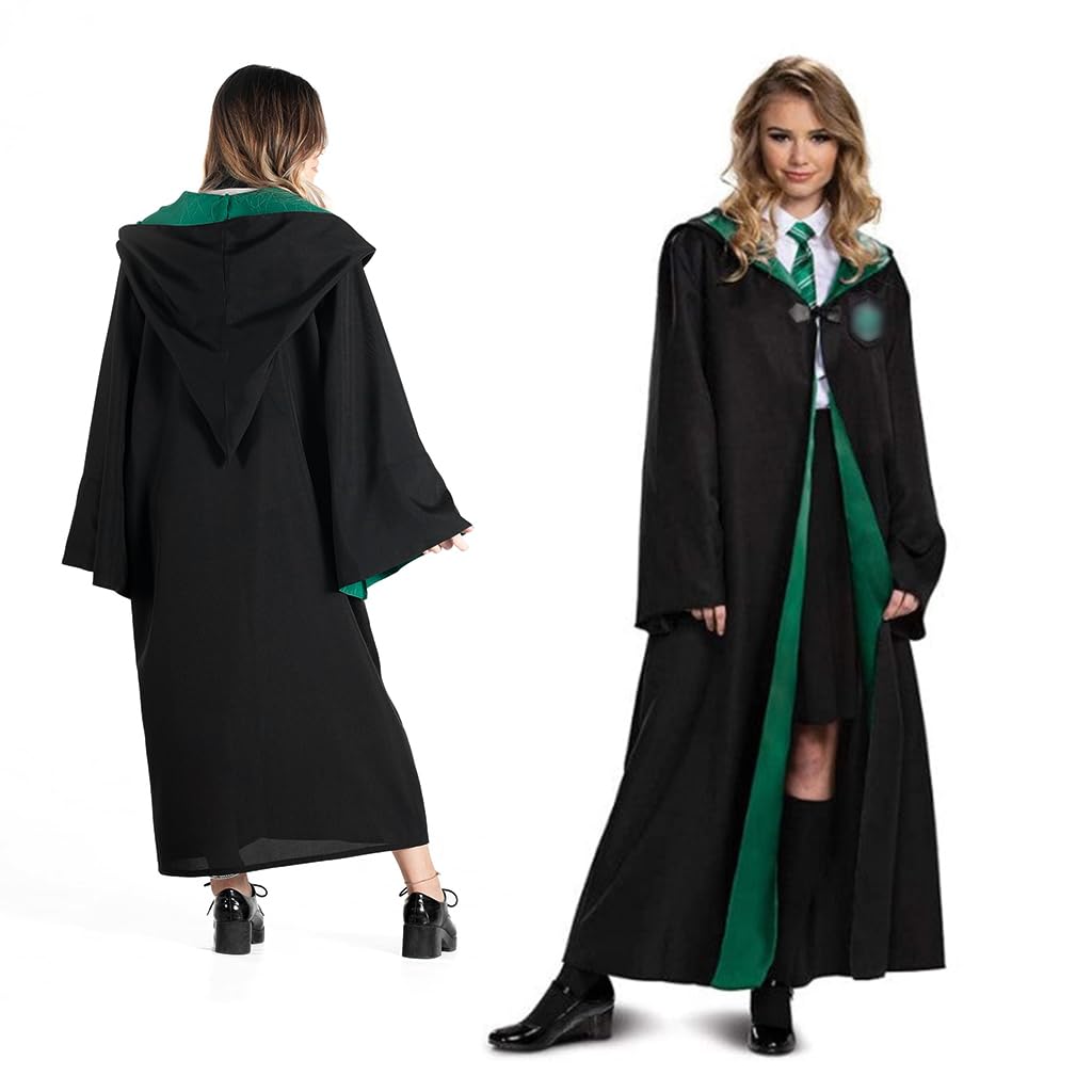 PATPAT Ha*ry Potter Costume Cloak Cosplay Har*y Potter Robe for Women Men, House of Slytherin Costume Set with Tie, Wand & Round Glasses, Magic Wizards Halloween Costume for Teens Adults (Size M)