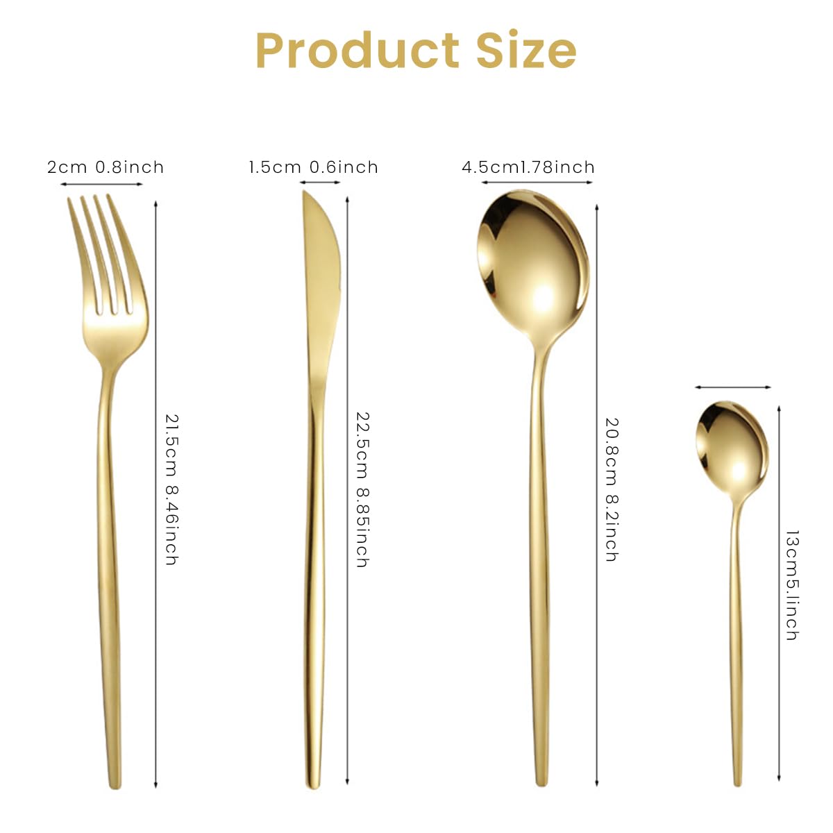 HASTHIP 16 Pcs Stainless Steel Flatware Set, Knives, Dinning Spoon and Fork, Food Grade Dinnerware Set For Home, Kitchen, Restaurant, Mirror Polished, Exquisite Long Handle Cutlery (Gold)