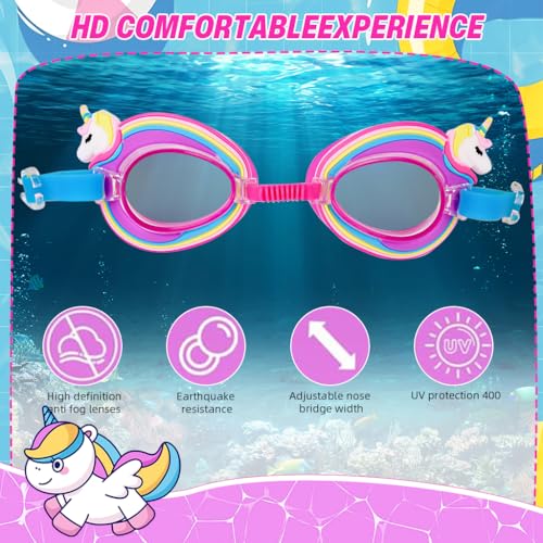 Proberos® Kids Swimming Goggles Anti-Fog UV Protection Adjustable Silicone Seal Leak-Free Fit Cartoon Rainbow Unicorn Design Ear Plugs Case 6-12 Years 3PCS