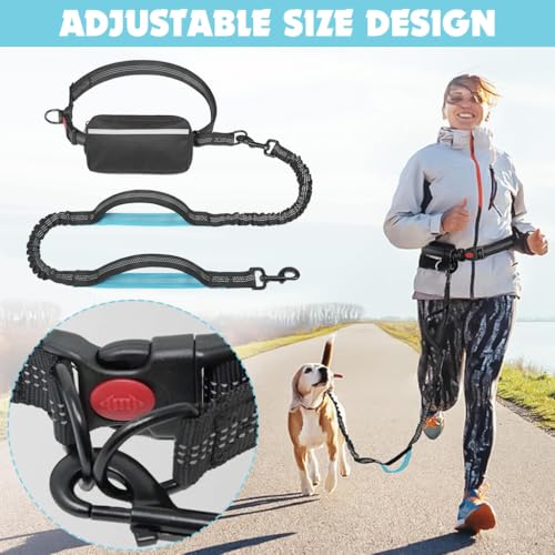 Qpets Waist Dog Leash 2 in 1 Walking Running Dog Leash with Quick Release Waist Bag Adjustable Size Design Dual Handle Dog Leash Dog Lead Night Walking Reflective Safety Dog Leash