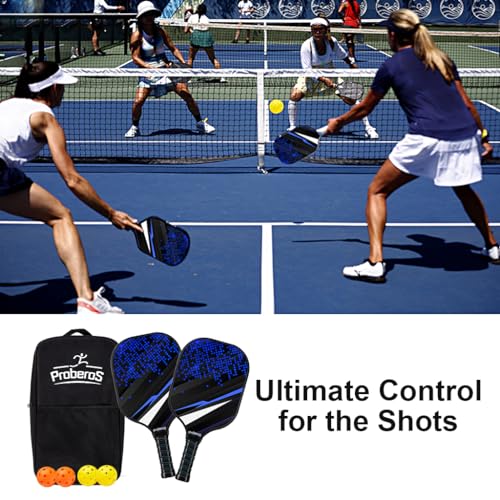 Proberos® Pickleball Racket Set with 4 Balls Carry Bag Fiberglass Surface Honeycomb Shock Absorption Tech Lightweight Paddle Kit for Outdoor Indoor Family Games Kids Adults 3PCS