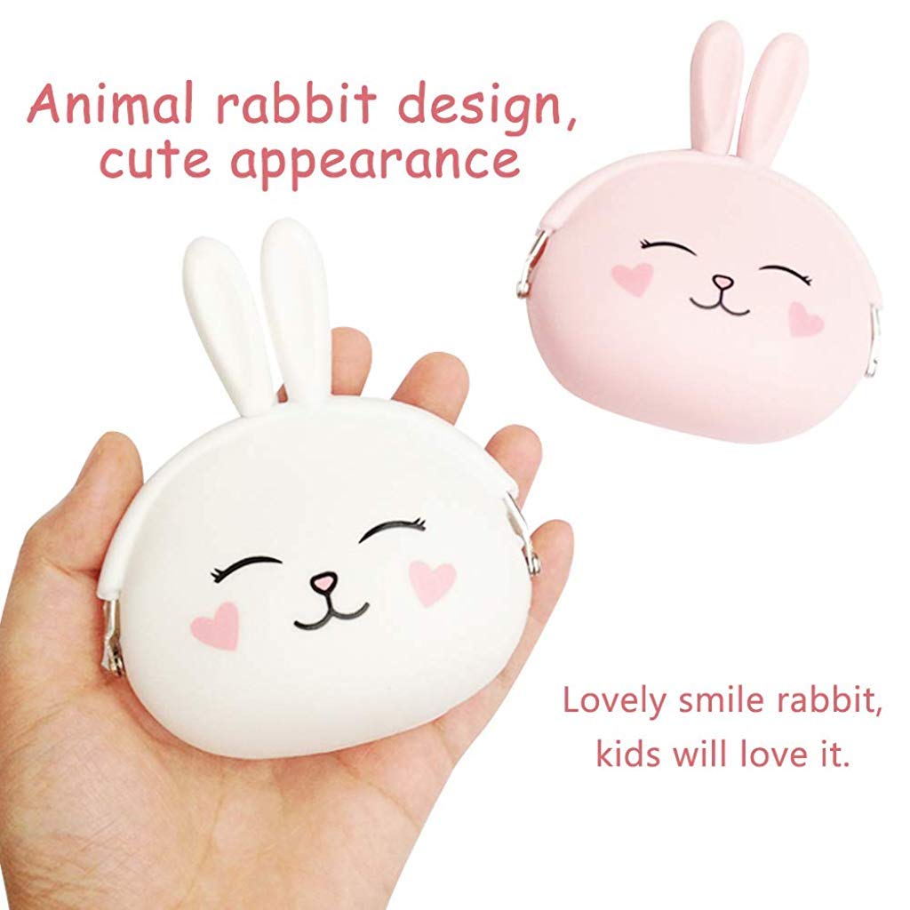 SANNIDHI 2 Pcs Silicone Coin Purse for Girls Stylish Coin Pouch Bag, Cute Bunny Small Coin Purse for Kids, Storage of Change, Small Accessories Wallet For Girls (Pink+White)