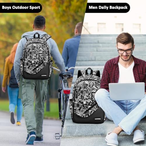 GUSTAVE Travel Backpack 16'' Casual Backpack Nylon Backpack School Students Backpack Lightweight Fashion Graffiti Print Black Backpack Outdoor Travel Backpack Laptop Backpack