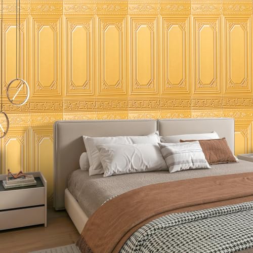 HASTHIP 5Pcs 3D Foam Wallpaper Wall Panels - Golden Vintage Embossing 3.5cm Thicken PE Foam Anti-Scratches Waterproof Self-Adhesive Wall Protector for Bedroom & Living Room, 27.56x35.43 Inches