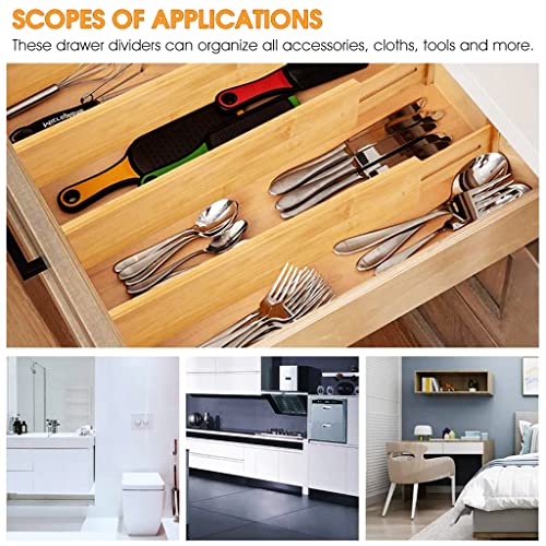 HASTHIP 4 Pack Bamboo Drawer Dividers Organizers, 17-22 inch Long Expandable Drawer Organization Separators for Kitchen, Dresser, Bathroom, Bedroom, Desk, Office Drawer (Wood)
