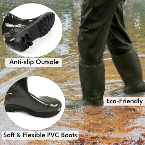 Proberos® Waterproof Work Pants for Men PVC Rain Trousers with Rubber Boots & Zipper Pocket, Adjustable Waist Belt & Elastic Suspenders, Outdoor Work Pants for Fishing, Construction, Shoe Size 44