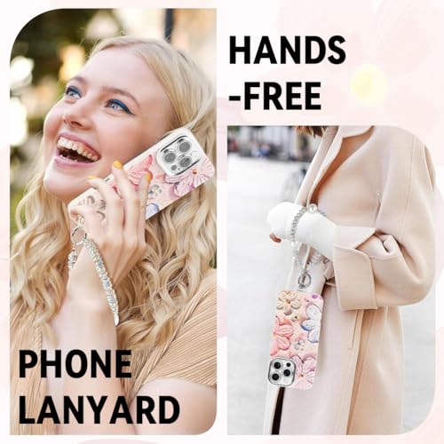 ZORBES® for iPhone 16 Pro Max Cover Case 3D Flower Oil Painting Cute Colorful Girls Women Full Camera Protection Shockproof Glossy Back with Wrist Strap 2PCS