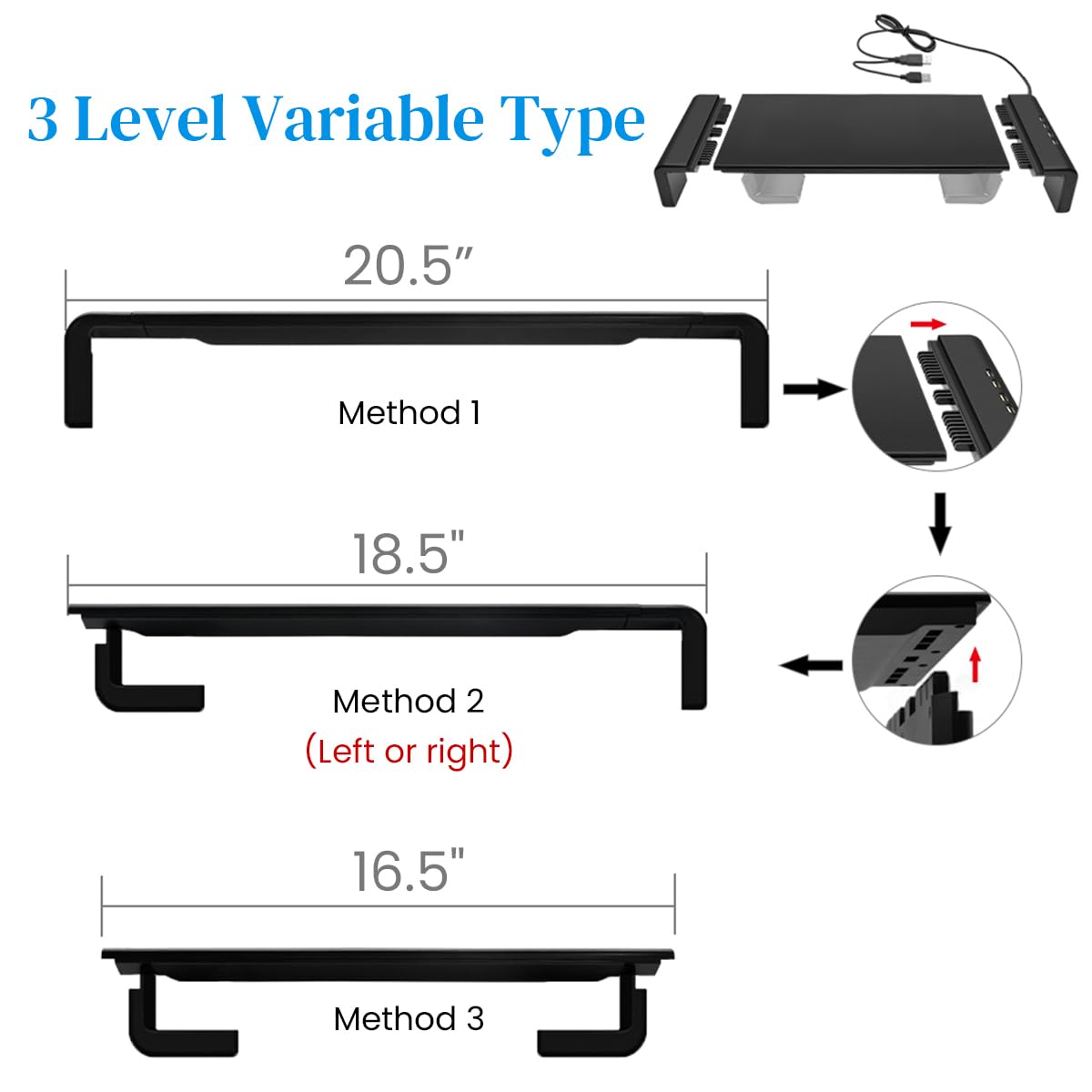 ZORBES Monitor Riser Stand Desk Monitor Riser Stand with 4 USB 2.0 Ports Support Charging Multifunctional Monitor Riser Office Desk Organizer Universal Desk Monitor Riser Stand, 52x20x8cm