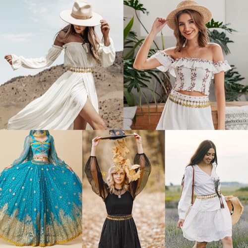 SANNIDHI® Waist Chain Gold Coin Tassel Belts Boho Belly Hip Chains for Women Saree Adjustable Vintage Western Fashion Cowgirl for Dresses Jeans Skirts 3 PCS