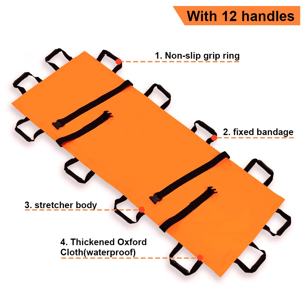Serplex Folding Emergency Transport Stretcher with 12 Handles, Double Layer Oxford Cloth Waterproof Foldable Emergency Rescue Back Stretcher, Capacity 350 lbs, 70.8