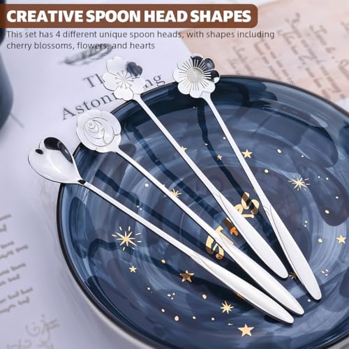 HASTHIP® 8PCS Silver Stainless Steel Coffee Spoon Set 18cm Gold Flower Design Multipurpose Tableware for Kitchen Tea Desserts and Gifting
