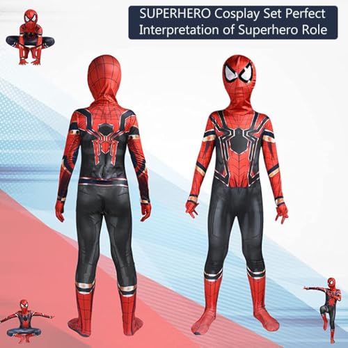 GUSTAVE® Spiderman Costume For Kids 3D Prints Spider Man Set 10-12 Years Gift Party Halloween Size M Suggest Height 145-155Cm Black Red Down 2 PCS
