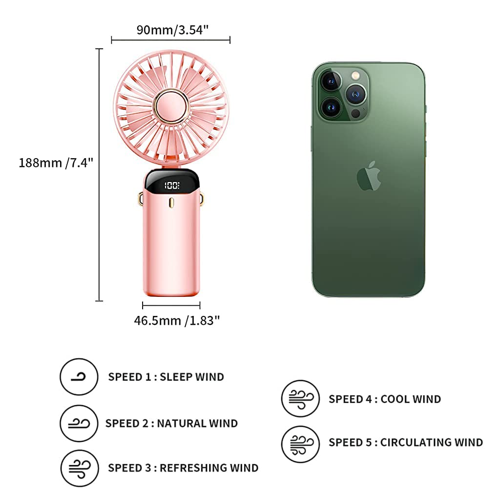 HASTHIP Hand Fan for Women, Mini Small Portable Fan with USB Charging, 5 Speeds Fan with Lanyard, Fragrance Sheet and Base, Built-in 3000mAh Battery, Foldable 90°, LED Battery Level Display (Pink)