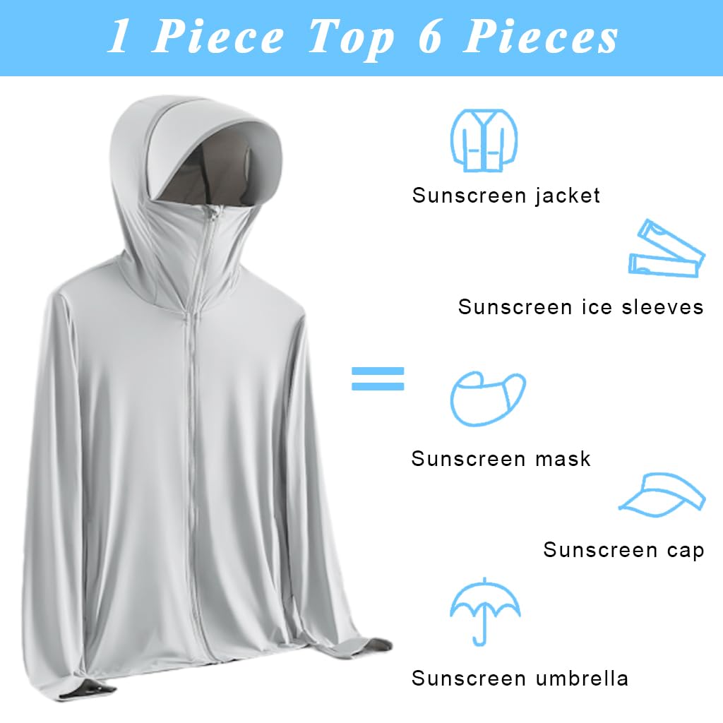 GUSTAVE Men's UPF 50+ Full Zip Light Jacket Hooded Sun Protection Cooling Long Sleeve Shirt with Pockets for Hiking Fishing Outdoor, XXL