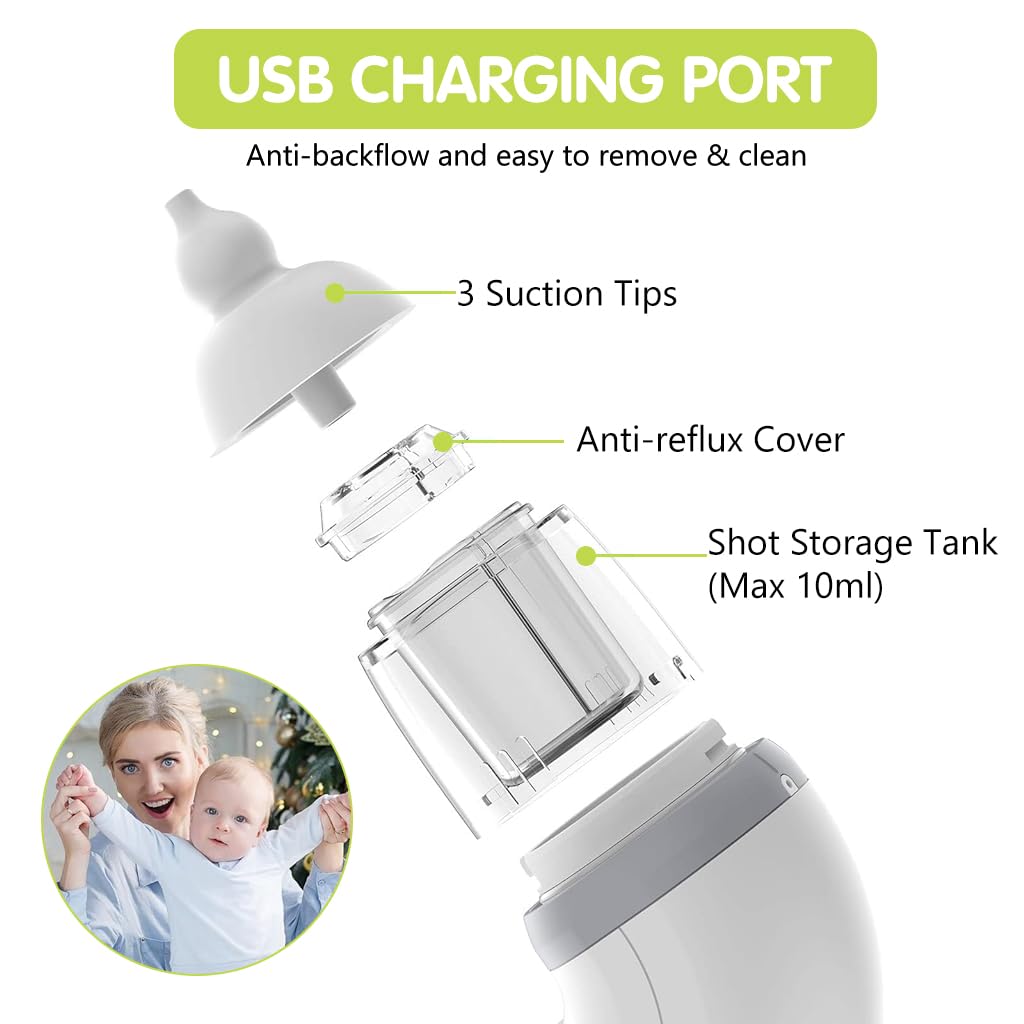 SNOWIE SOFT USB Nasal Aspirator for Baby with Light & Music, 5 Levels & 3 Tips, Electric Baby Nose Suction, Baby Nose Sucker Baby Mucus Remover Toddlers Nose Cleaner Electric Nasal Sucker (White)