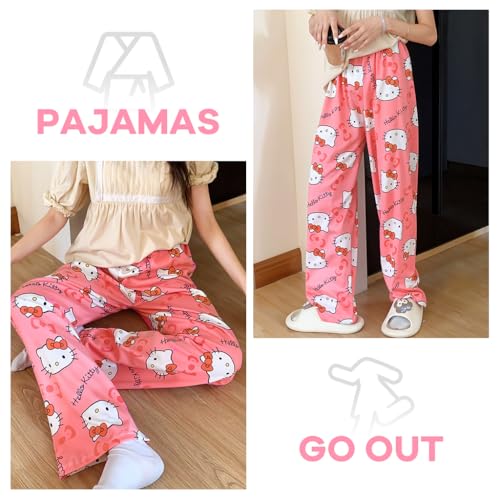 SANNIDHI® Pyjama Pants for Women Cartoon Kawaii Kitty Print Ultra-Soft Cotton Lounge Comfy Casual Pajama Bottoms with Elastic Waistband Sleepwear M Pink 3PCS