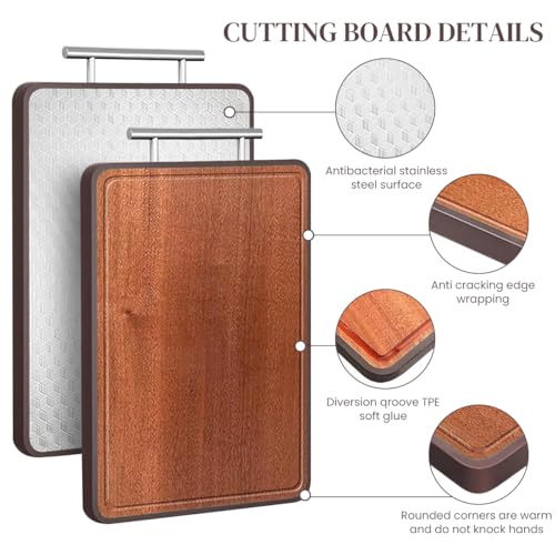 HASTHIP 1PACK Double Sided Stainless Steel and Ebony Wood Cutting Board - Anti-Bacterial Wood Chop with Metal Handel, Premium Stainless Steel Cutting Boards for Kitchen, 42.5x30.5x2cm