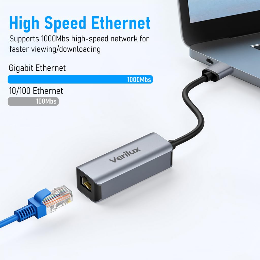 Verilux USB to Ethernet Adapter, USB 3.0 to RJ45 Gigabit Ethernet Adapter, USB A to RJ45 LAN Network Adapter Compatible for Laptops, Desktop Computers, Gaming Consoles, Smart TVs