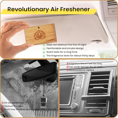 STHIRA® Wooded Fragrance Diffuser for Car Air Vent Elegant Lotus Embossed Natural Wooden Fragrance Diffuser Clip-on Air Vent Air Essential Oil Diffuser Car Decor, 3x0.7x1 inches