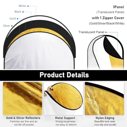 ZIBUYU® 5 in 1 Reflector for Photography Silver Gold White Black Translucent Diffuser Foldable Light 24x36 for Outdoor Studio Photoshoot 2Pcs