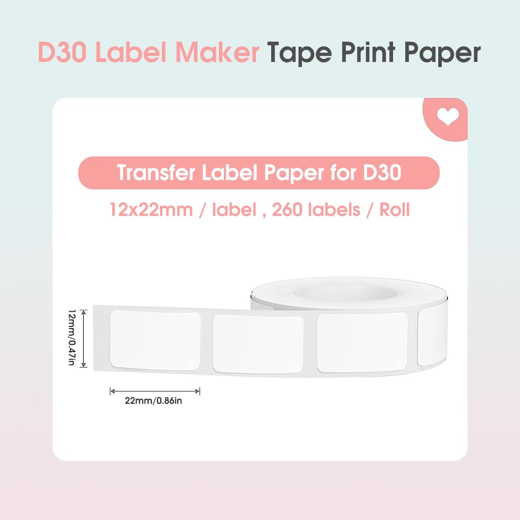 HASTHIP D30 Label Maker Tape Print Paper Black on White Sticker Thermal Paper Self-Adhesive Label Tape, 12 * 22 mm 260 Tapes/Roll