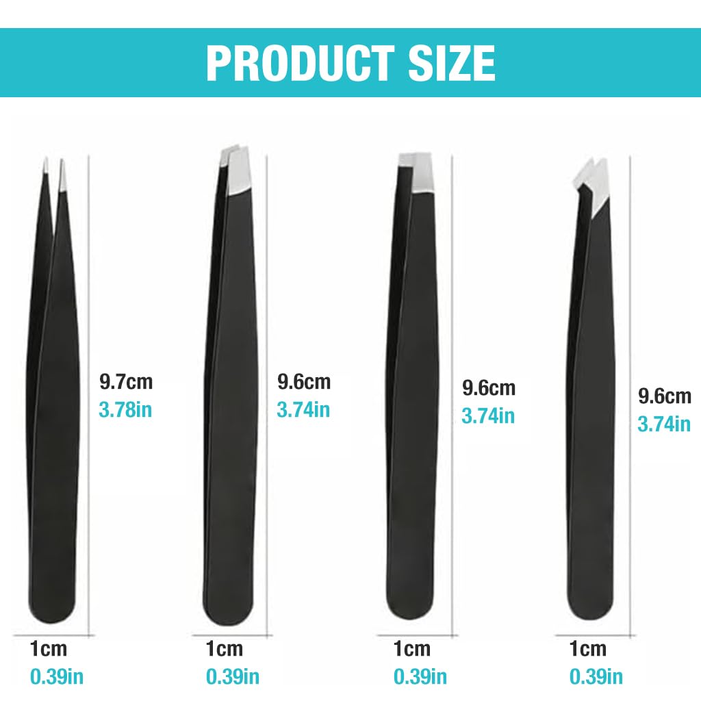 ZIBUYU Stainless Steel Eyebrow Grooming Kit with Storage Pouch Set of 4Pcs Eyebrow Tweezers Slant-Tip/Point-Tip/Flat-Tip Eyebrow Tweezer Set
