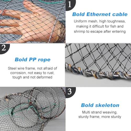 Proberos Foldable Fishing Net Fishing Basket Sturdy Nylon Mesh Fishing Net Wide Open 31 Inches Folding Fishing Net for Shrimps, Crab, Lobsters, Fishes