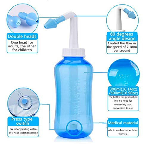 HANNEA® Nose Wash System Clean Sinus Allergies Nasal Pressure Neti Pot For Children And Adults 300ml 2PCS