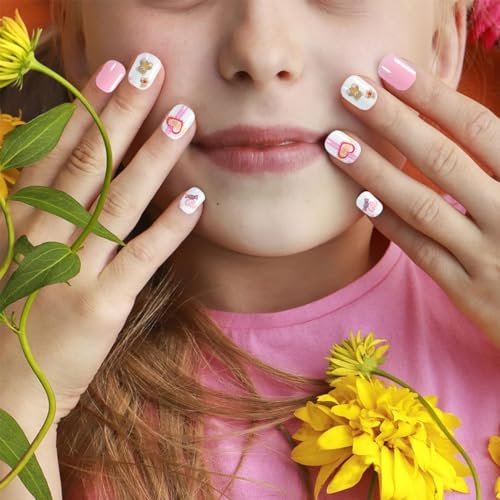 MAYCREATE 24pcs Kids Press on Nails Children Girls Press on Short Artificial Fake Nails Stick on Cute Pre Glue Full Cover Acrylic Nail Tip Kit Gift for Kids Nail Decoration, Style B