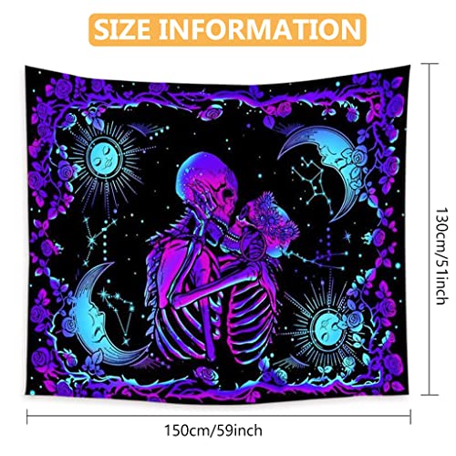 HASTHIP® UV Luminous Skull Tapestry Reactive Glow in The Dark Kissing Lovers Skeleton Wall Art for Bedroom Living Room Hanging Decor 51inch x 59inch Polyester 2PCS