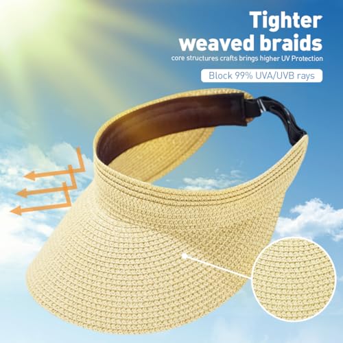 PALAY Straw Hat Sun Hats for Women Wide Brim Beach Hat for Women UV Protection Cap Travel Hat for Women Summer Packable Sun Visor Hat - Beige