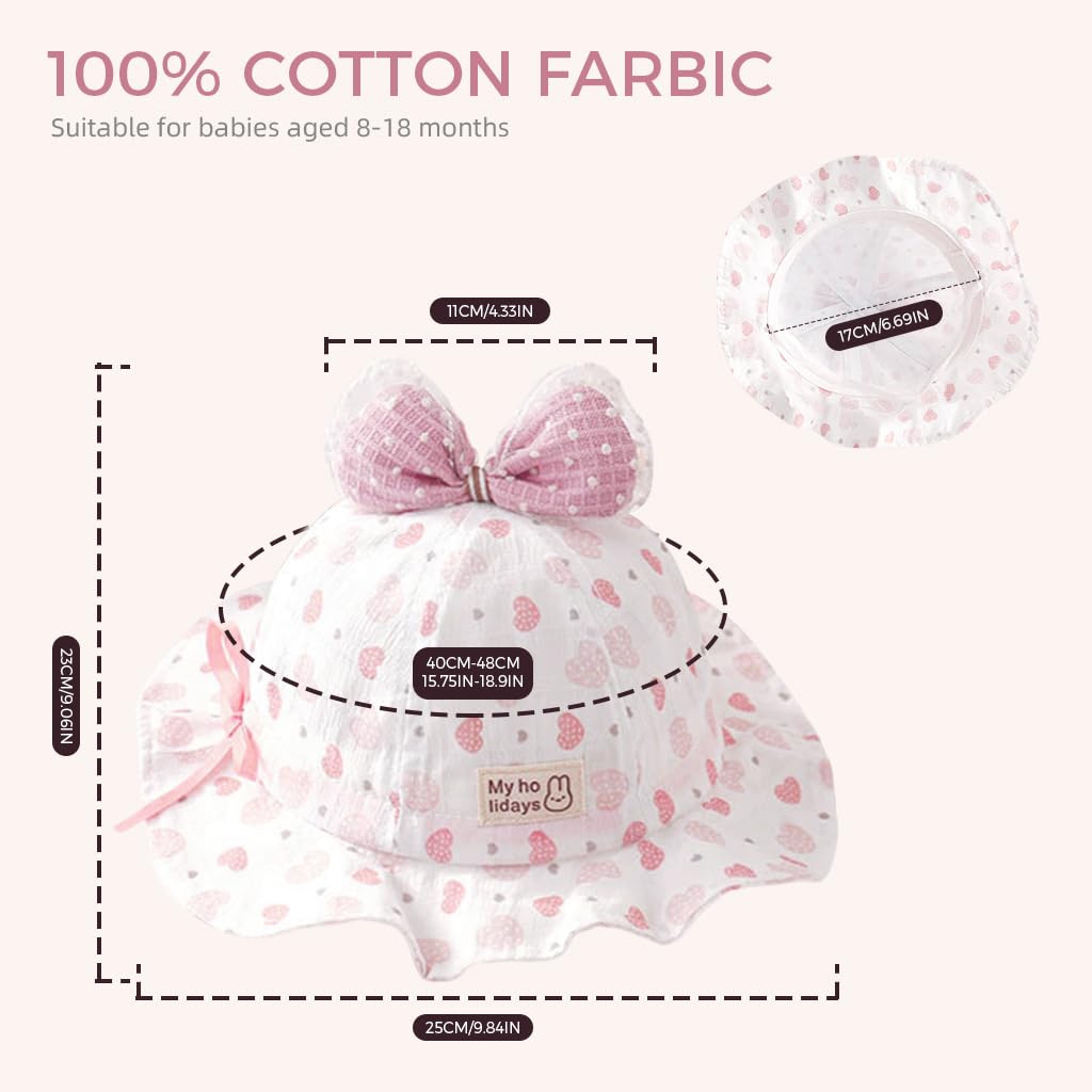 SNOWIE SOFT Baby Sun Hat Toddler Girls Sun Cap Breathable Cotton Sun Cap Bucket Hat Cute Bow Wide Brim Baby Girls Hat Birthday Gift for Girls 6-18 Months