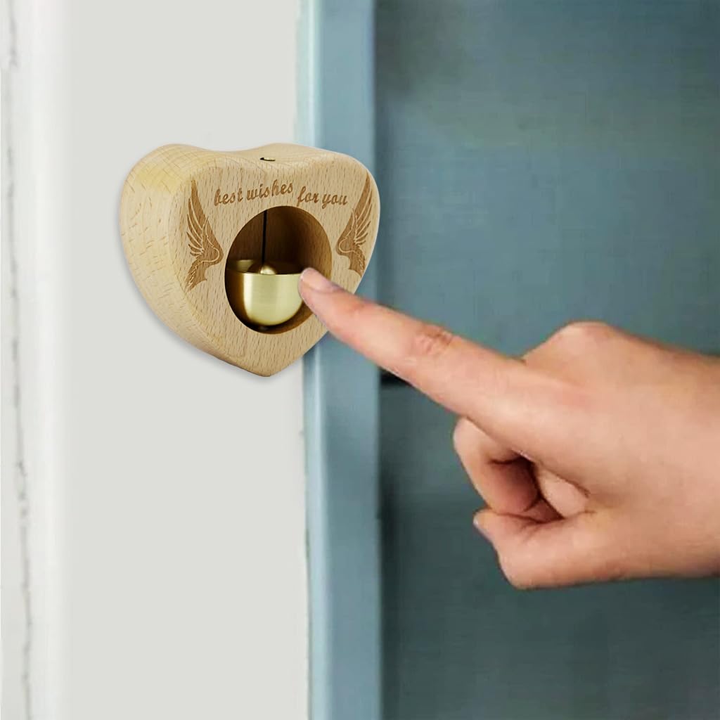 HASTHIP Wooden Door Chime with Brass Bell - Heart-Shaped Beech Wooden Door Chime, Self-Adhesive Magnetic Doorbell for Home & Shop, Shopkeepers Door Chime