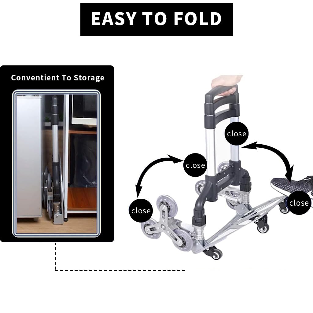 Serplex Hand Truck Trolley Folding Stair Climbing Cart with Adjustable Handle Height, 165 lbs Load Capacity, Aluminium Hand Truck Cart Multipurpose Dolly for Warehouse Shopping (6+4 Small Wheels)