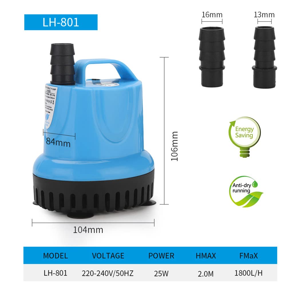 Qpets 1200L/H Submersible Water Fountain Pump, Mini Water Pump for Pond, 25W Power Large Water Pump for Fountain, Water Circulation Pumps with Suction Cup Bottom for Fish Garden (Blue)