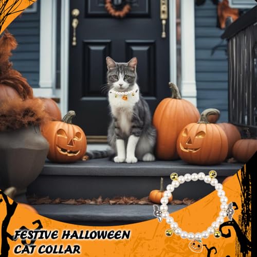 Qpets 1Pcs Halloween Cat Collar Cat Beaded Collar Necklace Plastic Pearl Beaded Necklace with Halloween Smile Pumpkin Charms & Bells 22cm Diameter Small Cat Puppy Halloween Collar Necklace