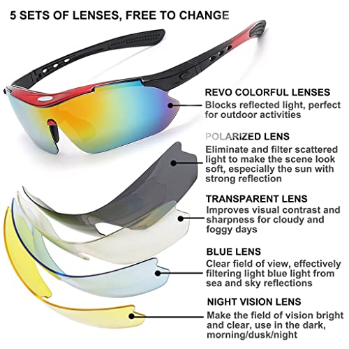 Proberos® Polarized Sports Sunglasses Non-polarized Anti Glare Riding for Driving with 5 Interchangeable Lenses Box UV Protection for Men Women 2PCS